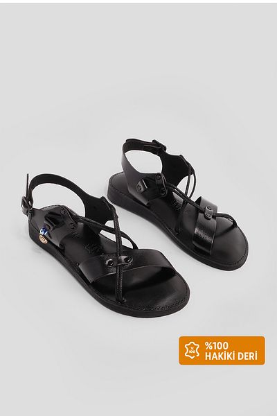 Marjin Dámský doplněk z pravé kůže Eva Sole Cross Rope Detailní denní sandály Katre černé