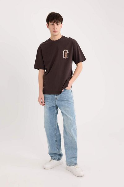 DeFacto 100% Cotton Boxy Fit Crew Neck Back Printed Short Sleeve T-Shirt D9345Ax25Sp