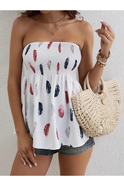 modamtn Moda Luna Women's Leaf Patterned Gipeli Mosskrep Strapless Blouse