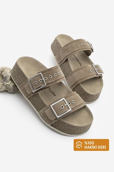 Marjin Olive Suede Women's Casual Slippers - Double Banded, Cork Sole, Merga Soil Suede