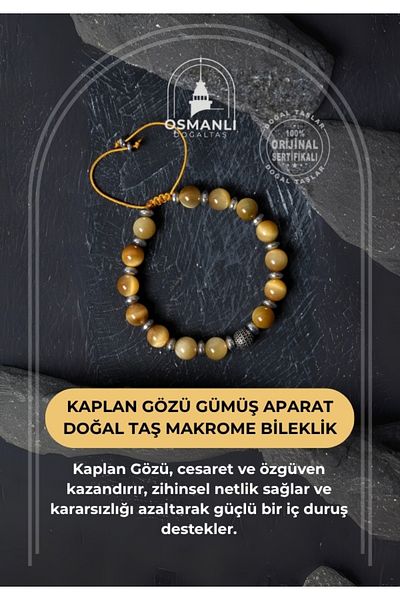 OSMANLI DOĞAL TAŞ Certified Tiger Eye Silver Apparatus Natural Stone Macrame Bracelet