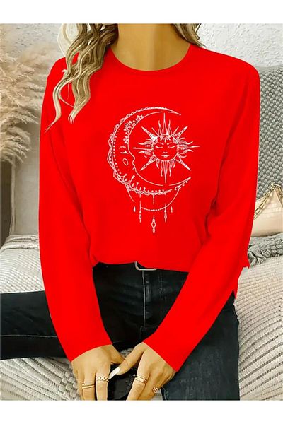 FASHION Women's Long Sleeve Crew Neck Moon Printed Viscose Blouse