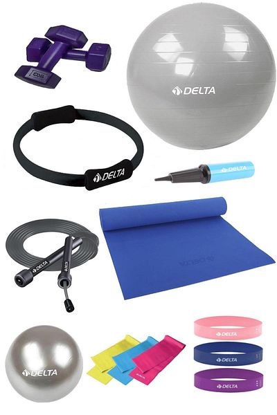 Delta طقم بيلاتيس مناسب للطلاء 140-159 سم - 14 قطعة، كرة 55 سم، طوق وسادة 4 مم، شريط القرفصاء 1 كجم