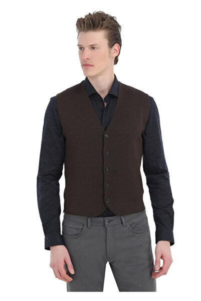 Ramsey Kahverengi Düz Örgü Triko Yelek