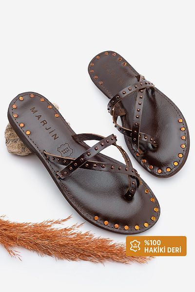 Marjin Damen Echtes Leder Flip Flops Stapled Casual Hausschuhe Pemora Kaffee