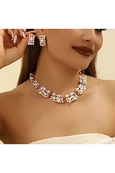 GlassySKY Stylish French Vintage Palace Style Necklace Earrings Jewelry Set with Pearls