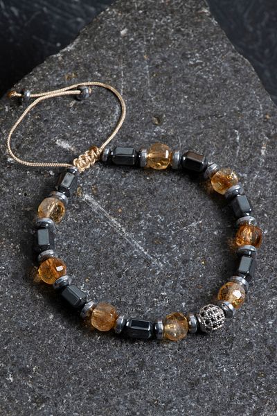 OSMANLI DOĞAL TAŞ Certified Citrine, Hematite Faceted Natural Stone Macrame Bracelet