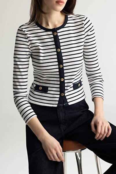 DeFacto Slim Fit Dar Kesim Bisiklet Yaka Çizgili Uzun Kollu Hırka E4964AX25SP