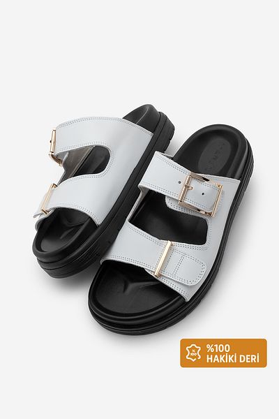 Marjin Gy9688 Women's Genuine Leather Buckle Southern Push Slippers White