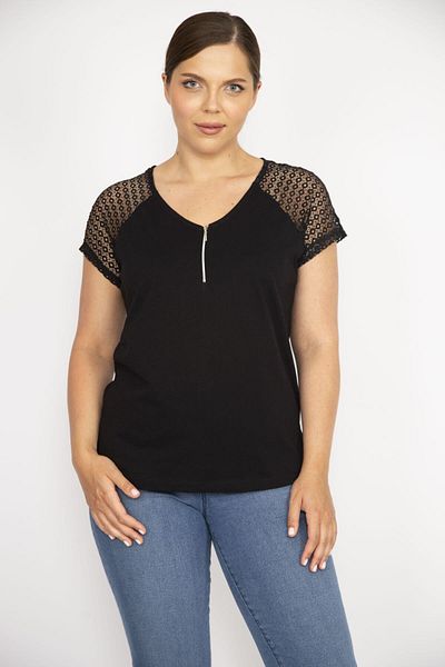 Şans Women's Black Plus Size Cotton Fabric Front Placket Zippered Sleeves Lace Blouse 65n36586