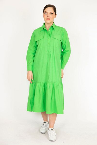 Şans Women's Green Plus Size Front Placket Buttoned Chest Pocket Skirt-Layered Dress 65n36147