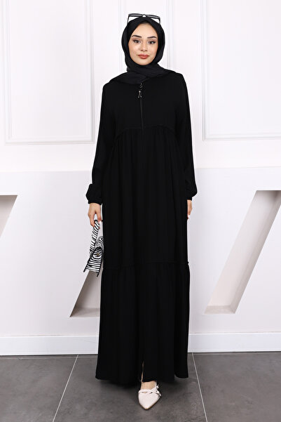 İmajButik Чорна абайя з еластичними рукавами та оборками