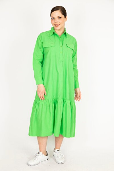 Şans Women's Green Plus Size Front Placket Buttoned Chest Pocket Skirt-Layered Dress 65n36147