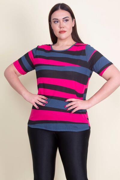 Şans Women's Large Size Fuchsia Crew Neck Cotton Fabric T.shirt 65n21080