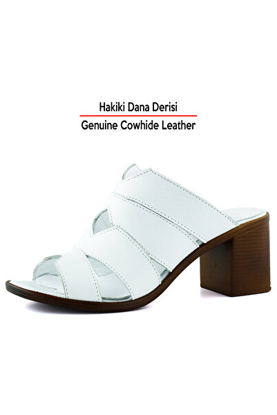 Erkan Saçmacı Біанка Біла Справжня Теляча Шкіра Відкритий Перед Деталізований Товстий Каблук Повсякденні Капці