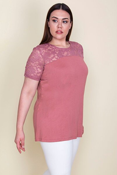 Şans Жіночий великий розмір пудровий халат і блуза з мереживними деталями на рукавах 65n23574