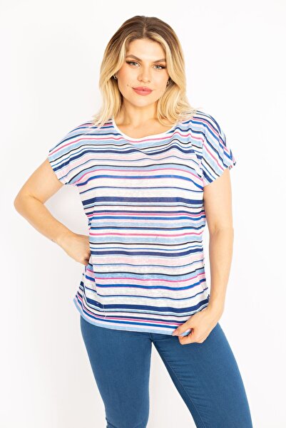 Şans Women's Plus Size Colorful Low Sleeve Striped 65n26208