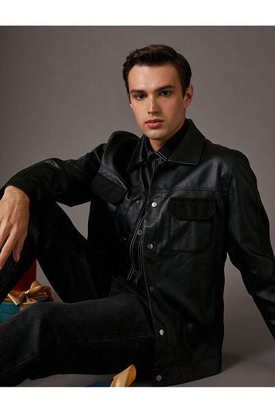 Koton Leather Look Jacket with Flap Double Pockets Classic Collar with Snap Buttons