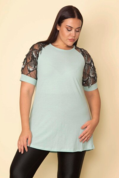Şans Women's Large Size Green Sleeves Tulle Sequin Detailed Blouse 65n28746