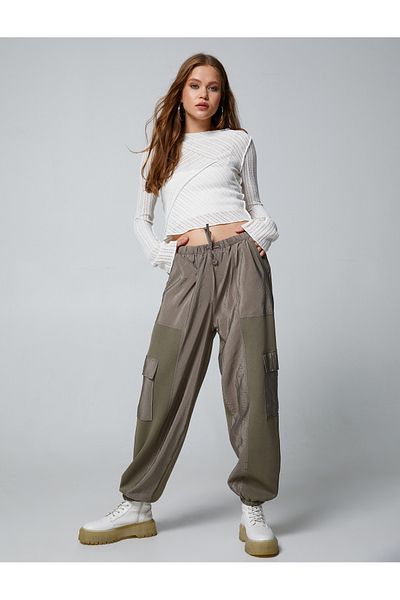 Koton Raised Jogger Sweatpants with Cargo Pockets, Lace-Up Waist and Shiny Fabric Detail