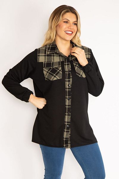 Şans Women's Large Size Khaki Plaid Garnished Front Buttoned Pocket Shirt 65n35140