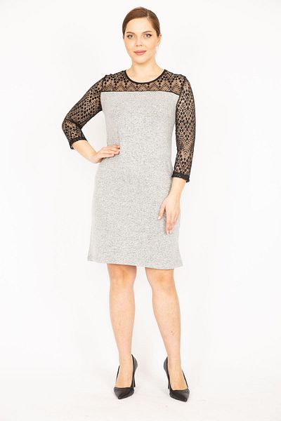 Şans Women's Large Size Gray Lace Detailed Dress 65n21247