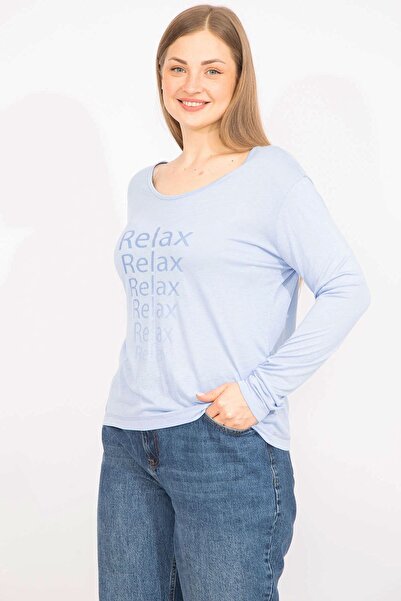 Şans Bluză de damă Baby Blue, mărime mare, cu decolteu turn, imprimată în față 65n35567