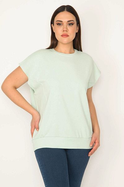 Şans Women's Large Size Green Cup Detailed Ribbed Low Sleeve Sweatshirt 65N31445