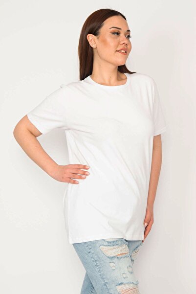 Şans Bluză supradimensionată, albă, de mărime mare, pentru femei, cu decolteu rotund 65n32985