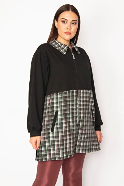 Şans Women's Large Size Green Plaid Pattern Detailed Zippered Pocket Coat 65n29569