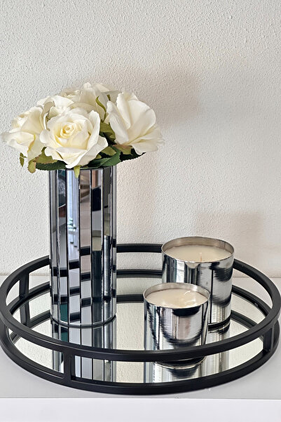 Kübra Özdemir Store Yuvarlak Siyah Metal Tepsi Aynalı Dekoratif Tepsi