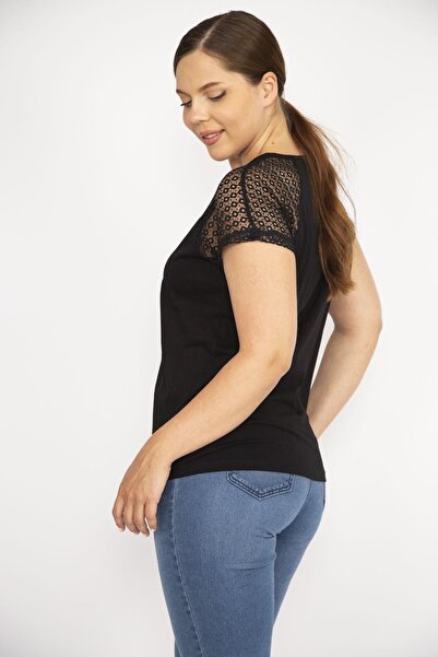 Şans Women's Black Plus Size Cotton Fabric Front Placket Zippered Sleeves Lace Blouse 65n36586