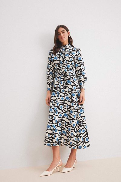DeFacto Shirt Collar Patterned Belted Long Sleeve Maxi Hijab Dress E1266Ax25Sp