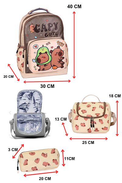 Çantaland 3-Piece Primary School Capy Cute Printed School Bag with Girl's Nutrition and Pen Holder