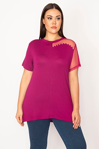 Şans Жіноча блуза Fujya великого розміру з тюлем і перловими деталями 65n35670