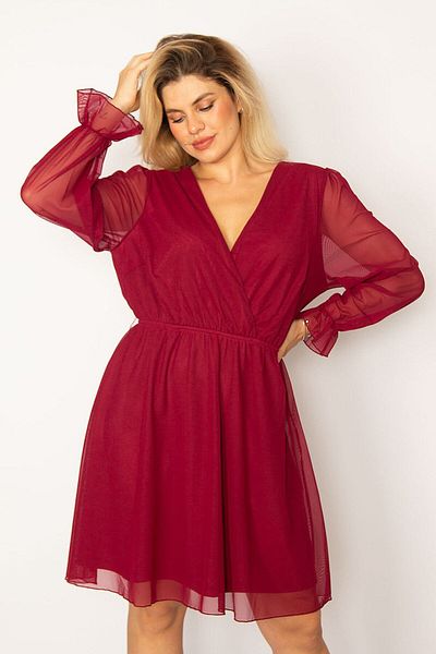 Şans Women's Large Size Plum Wrap Collar Waist and Cuff Elastic Detail Lined Tulle Dress 65n34259