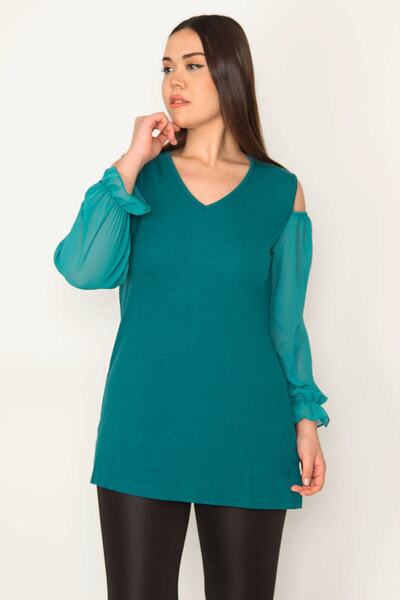 Şans Γυναικεία Μπλούζα Σιφόν με Χαμηλό Πράσινο Μεγάλο Μέγεθος Πράσινη Μπλούζα 65n31383