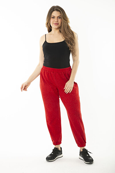 Şans Жіночі великі розміри Червоні штани з подвійною обробкою та еластичним п...