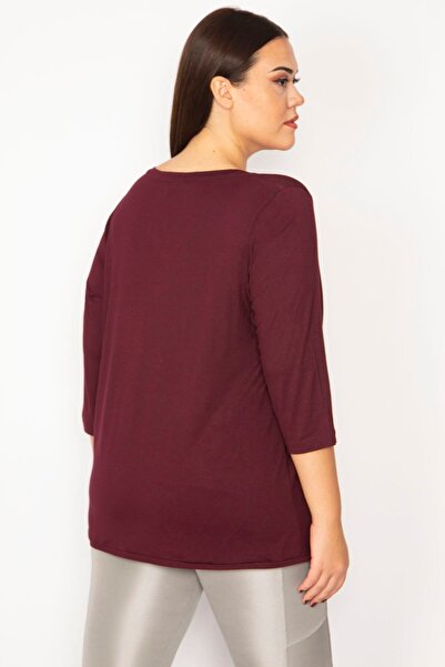 Şans Γυναικεία Μπλούζα με μανίκι Capri 65n29285 σε μεγάλο μέγεθος γιακά από δαμάσκηνο