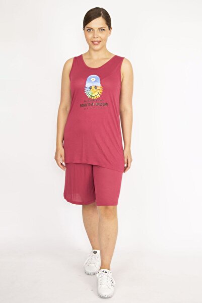 Şans Women's Fujya Large Size Digital Printed Blouse and Elastic Waist Capri Suit 65n36553