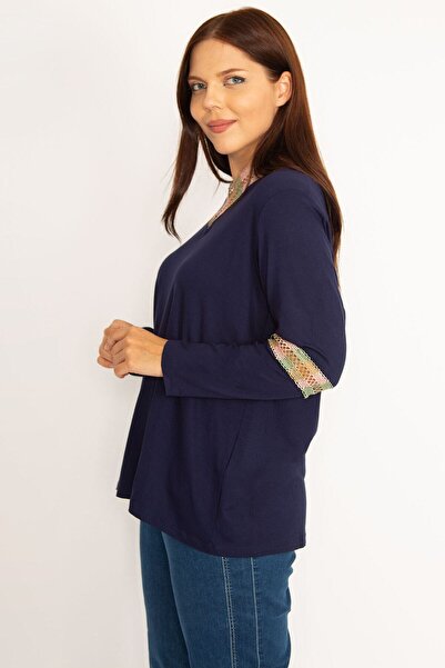 Şans Women's Large Size Navy Blue Lace Detailed Blouse 65n34647