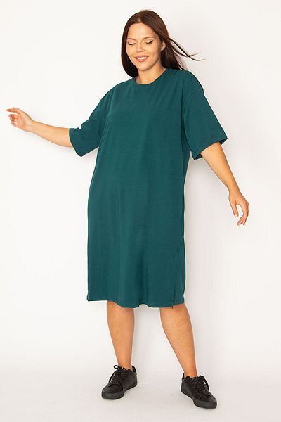Şans Women's Large Size Green Cotton Fabric Side Zipper Slit Lycra Dress 65n34428