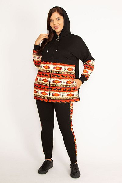 Şans Women's Large Size Black Front Zipper Hooded Tracksuit 65n30948