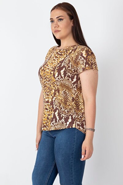 Şans Γυναικείο μπλουζάκι μεγάλου μεγέθους καφέ με λαιμόκοψη με βασικό σχέδιο 65n16888
