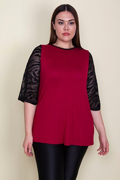 Şans Women's Large Size Burgundy Sleeves Flocked Tulle Detailed Viscose Blouse 65n25580