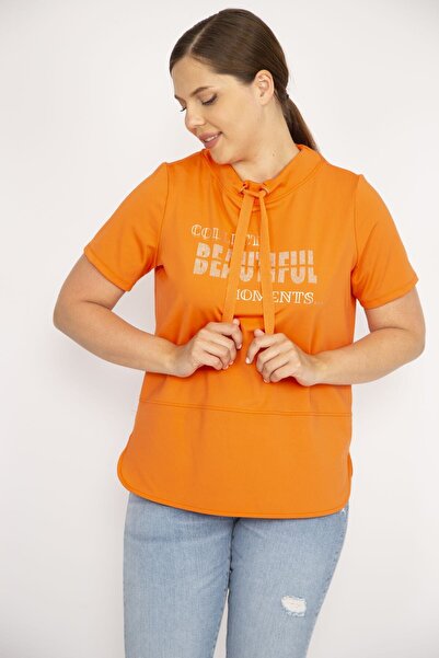 Şans Women's Orange Oversize Collar Eyelet Lace and Stone Detailed Sweatshirt 65n36656