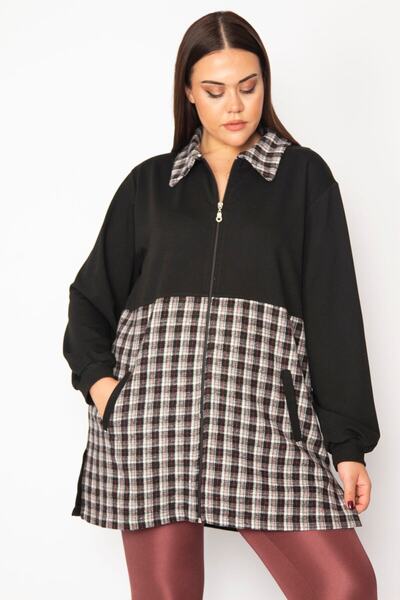 Şans Women's Large Size Gray Plaid Pattern Detailed Zippered Pocket Coat 65n29569