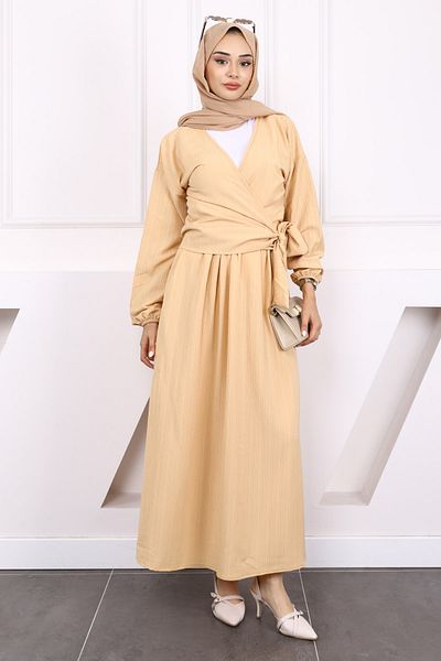 İmajButik Μπεζ Σετ Μπλούζα με Πλαϊνή Φούστα