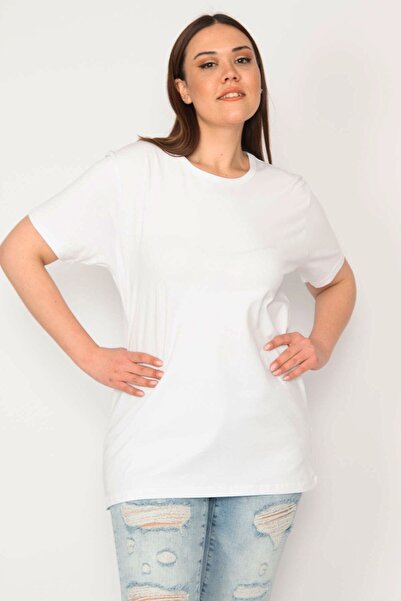 Şans Bluză supradimensionată, albă, de mărime mare, pentru femei, cu decolteu rotund 65n32985