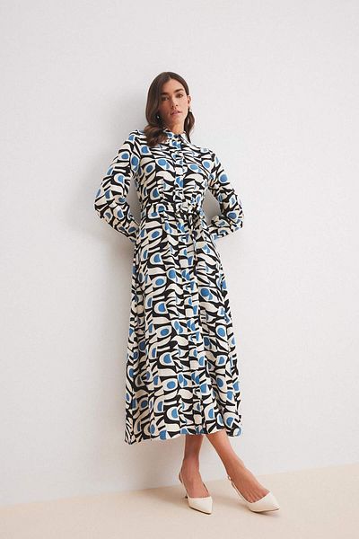 DeFacto Shirt Collar Patterned Belted Long Sleeve Maxi Hijab Dress E1266Ax25Sp